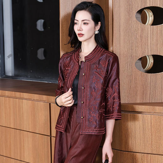 丁摩真丝高端时尚刺绣香云纱上衣五分袖大牌桑蚕丝外套AL2903 商品图1