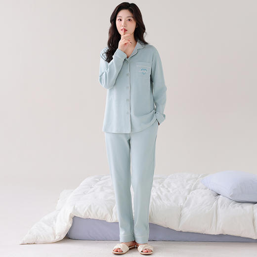 爱帝针织纯棉睡衣长袖长裤翻领开襟家居套 商品图2