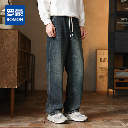 罗蒙秋冬牛仔裤男女同款情侣抽绳设计宽松直筒百搭日常显瘦牛仔长裤 商品图0