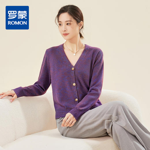 罗蒙秋冬女士金丝珠片羊毛衫外套V领开衫百搭设计感针织衫毛衣上衣女 商品图0