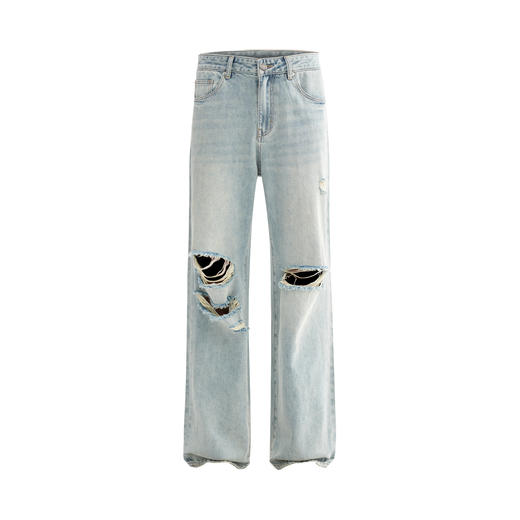 REDCHARCOAL/红炭夏新款复古薄款牛仔裤男破洞宽松直筒长裤潮牌 商品图3