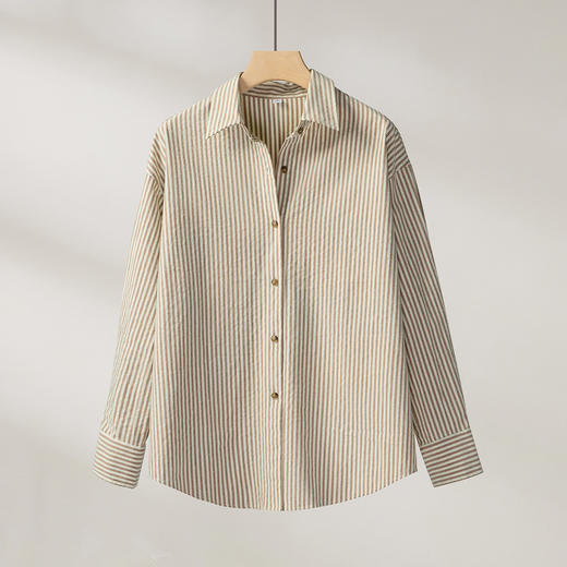 罗蒙秋冬厚款竖条纹长袖衬衫女士休闲百搭落肩宽松版磨毛棉质衬衣女上衣开衫 商品图7