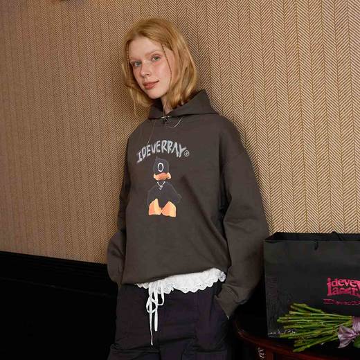 IDEVERRAY发泡小黑鸭连帽卫衣男宽松国潮上衣外套情侣装纯棉秋装 商品图3