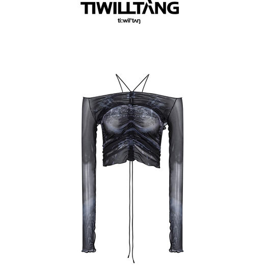 启世录TIWILLTANG“迷离涣境”网纱印花打底衫小众一字肩上衣 商品图4