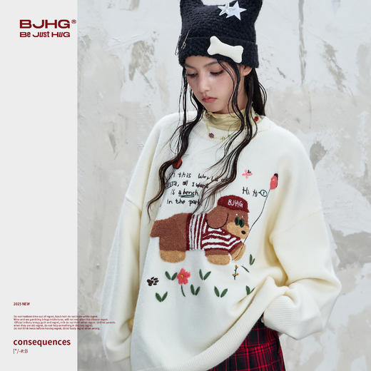 BJHG不计后果新款小狗毛衣男款秋季复古撞色圆领套头针织衫毛衣女 商品图2