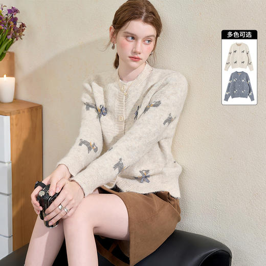 西遇韩系蝴蝶结小狗提花圆领针织衫女秋季新款百搭软糯毛衣H0055232 商品图1