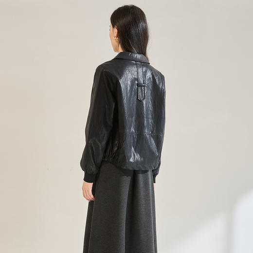 「高货sh」全新升级【铂金会员339/天猫459/差价120】(14958)洛诗琳新款金属丝pu皮衣2025秋季气质翻领显瘦夹克短外套 商品图4
