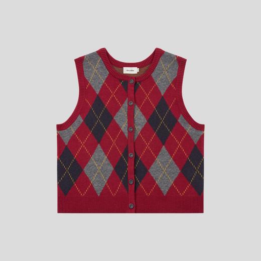 GOODBAI 菱格纹撞色提花圆领纽扣宽松针织背心 商品图3