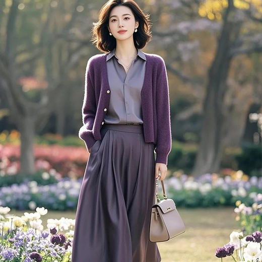 雀说显瘦洋气欧货潮时髦休闲紫色针织开衫衬衣半身裙AL5280 商品图7