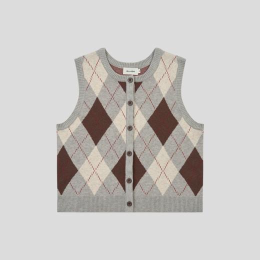 GOODBAI 菱格纹撞色提花圆领纽扣宽松针织背心 商品图2