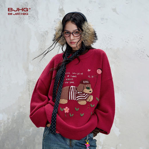 BJHG不计后果新款小狗毛衣男款秋季复古撞色圆领套头针织衫毛衣女 商品图3