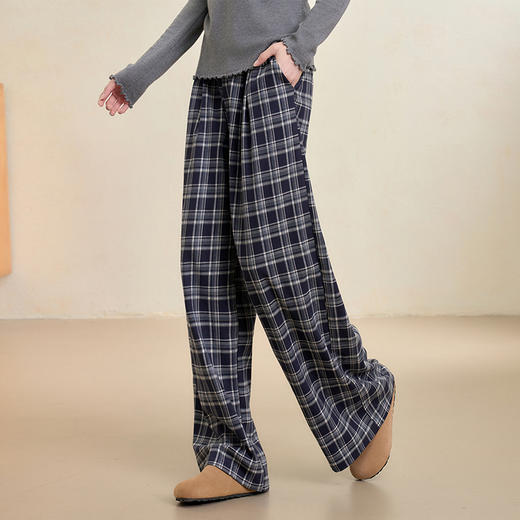 西遇格子休闲裤女秋季新款复古高腰宽松显瘦直筒阔腿裤长裤V3051286 商品图0