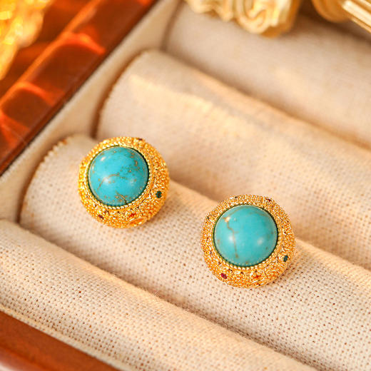 雀说真金电镀蓝松石小耳钉女百搭时尚气质高级感耳环复古轻奢精美耳饰AL1135 商品图0