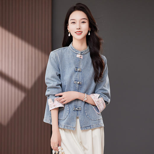 雀说新中式国风牛仔短外套新款气质复古百搭减龄唐装上衣AL2519 商品图3