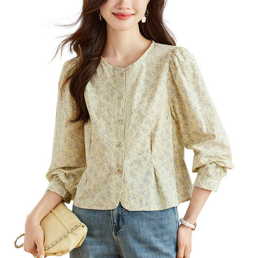 丁摩 圆领碎花衬衫女长袖田园风上衣甜美纯棉衬衣5ZF-47026 商品图4