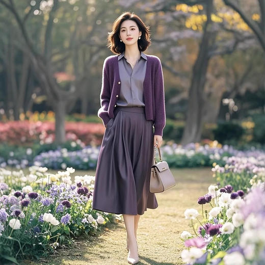 雀说显瘦洋气欧货潮时髦休闲紫色针织开衫衬衣半身裙AL5280 商品图1