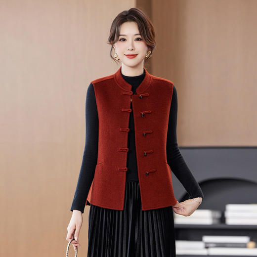 KQ新中式盘扣女马甲羊毛双面呢背心马夹国风复古立领修身上衣民族风 商品图3