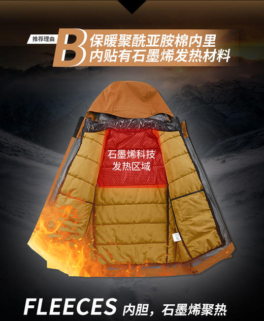 高阶品质 石墨烯发热 聚酰亚胺棉内胆 男士户外三合一可拆卸冲锋衣 保暖两件套棉外套BS23071-T 商品图4
