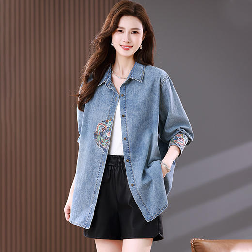 雀说牛仔衬衫外套新款大码宽松时尚衬衣薄款国风刺绣上衣潮AL1622 商品图2