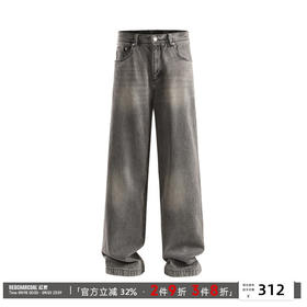 REDCHARCOAL红炭 水洗酵磨牛仔裤男直筒猫须纹男士美式做旧长裤