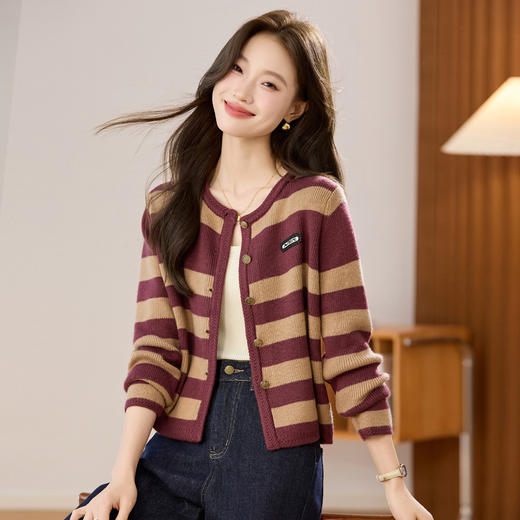 条纹针织衫开衫小香风，圆领毛衣外套长袖二八月外搭CC-108-1516 商品图1