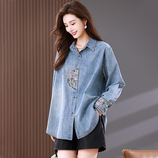 雀说牛仔衬衫外套新款大码宽松时尚衬衣薄款国风刺绣上衣潮AL1622 商品图3
