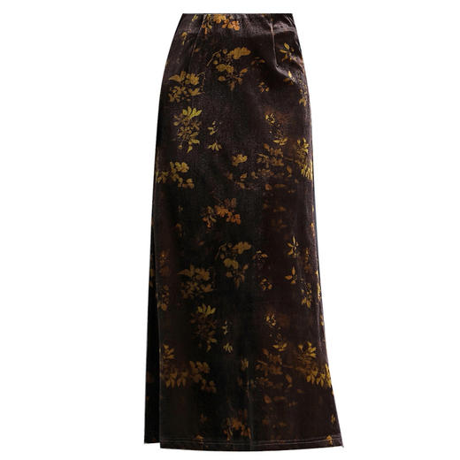 QYM  760-Y金丝绒半身裙印花包臀裙气质复古开衩一步裙 商品图4