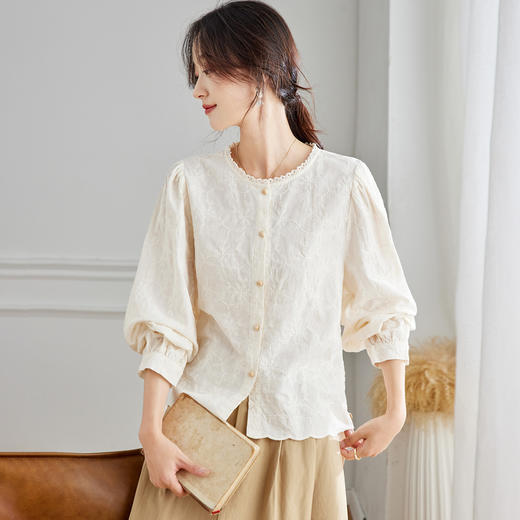 丁摩 蕾丝花边圆领衬衫女长袖秋装纯棉刺绣上衣绣花衬衣5ZF-58031 商品图1