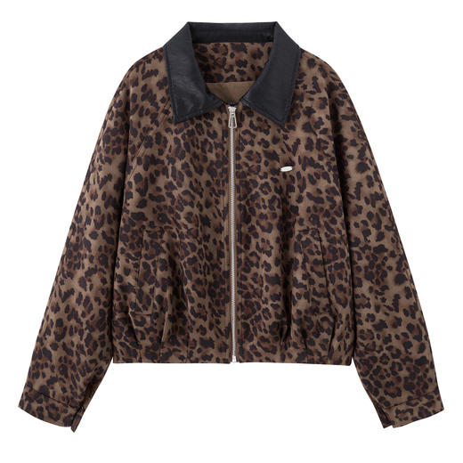 雀说美式复古豹纹翻领撞色外套女新款设计感小个子休闲夹克AL9070 商品图4
