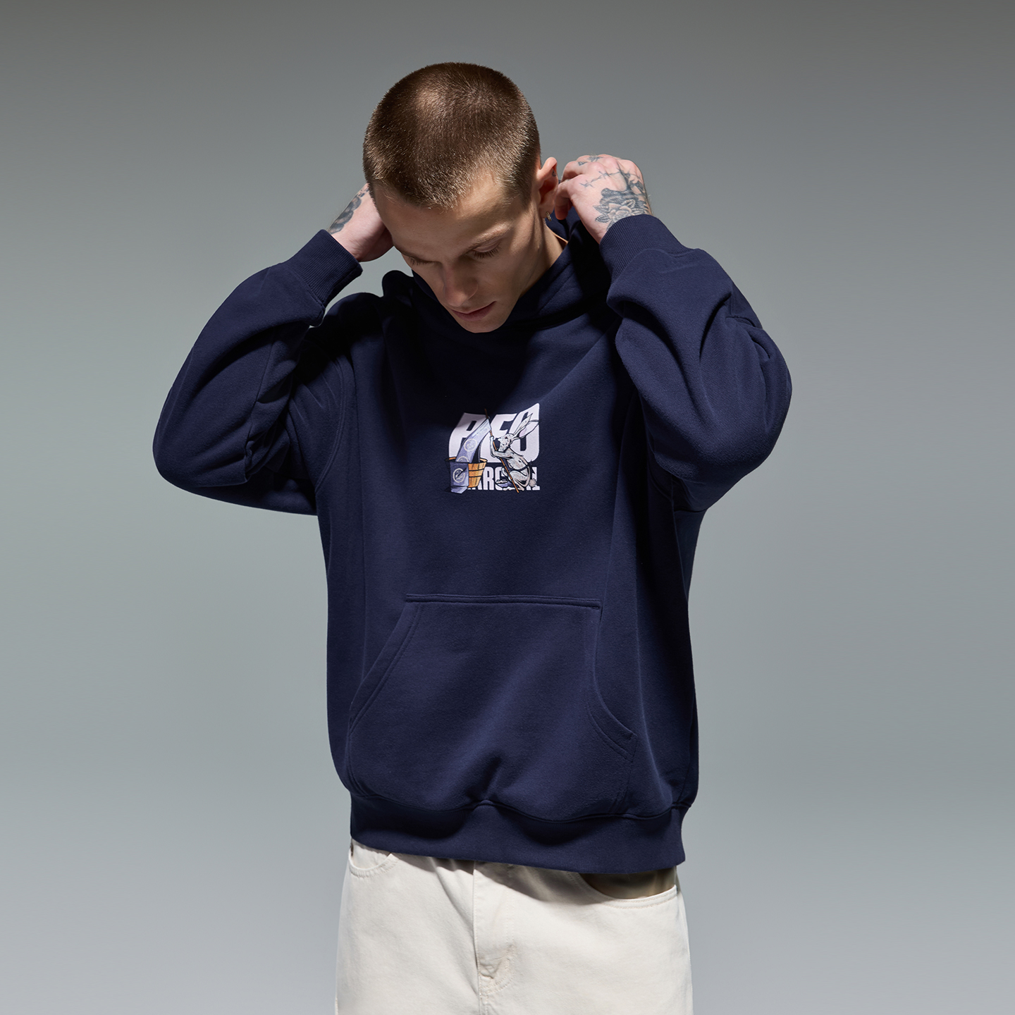 REDCHARCOAL 红炭藏青色兔子印花连帽卫衣男秋季新款潮牌男士上衣