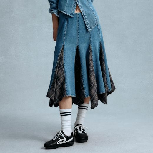 GOODBAI 拼接格纹撞色无腰带A版中长半身裙 商品图0