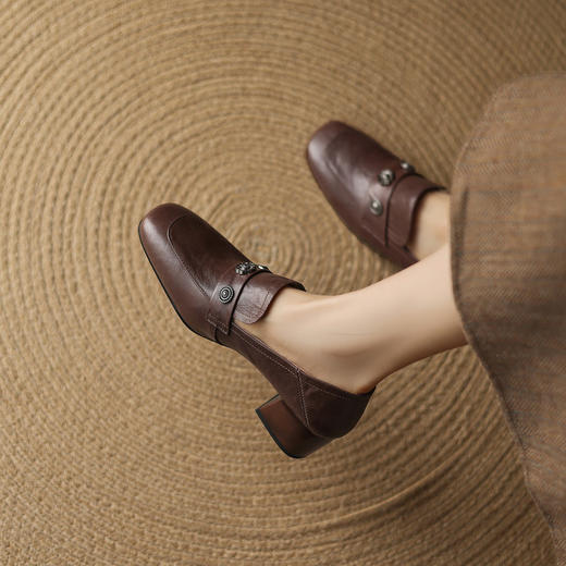 【预售5天】法式复古方头单鞋女真皮金属扣粗高跟小皮鞋深口中跟乐福鞋LD&7434 商品图1