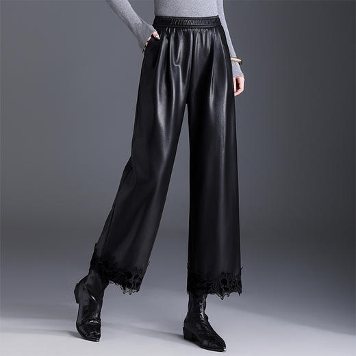 QYM 768-Y松紧高腰皮长裤时尚蕾丝花边拼结休闲裤气质PU皮阔腿裤 商品图1