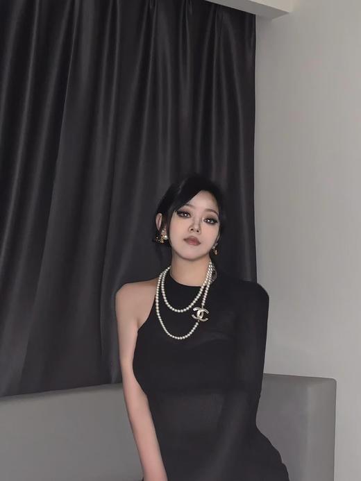 香奈儿双c珍珠晶饰设计皮穿项链 女款 黑（ZS*XK） 商品图5