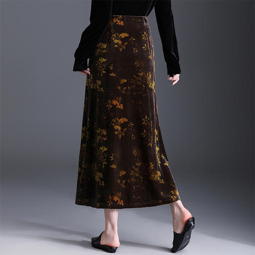 QYM  760-Y金丝绒半身裙印花包臀裙气质复古开衩一步裙 商品图2