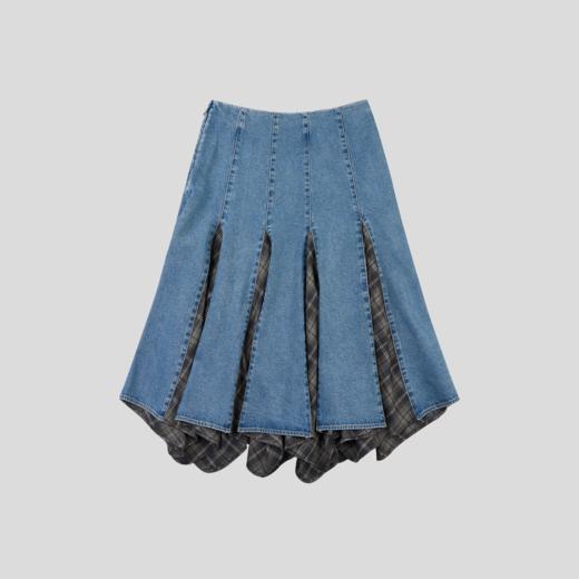 GOODBAI 拼接格纹撞色无腰带A版中长半身裙 商品图2