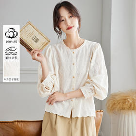 丁摩 蕾丝花边圆领衬衫女长袖秋装纯棉刺绣上衣绣花衬衣5ZF-58031