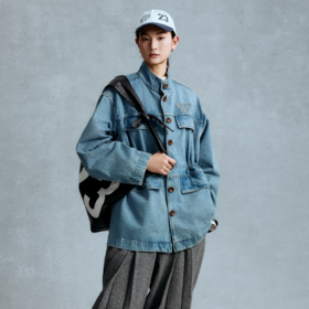 GOODBAI logo多口袋翻领oversize抽绳牛仔外套