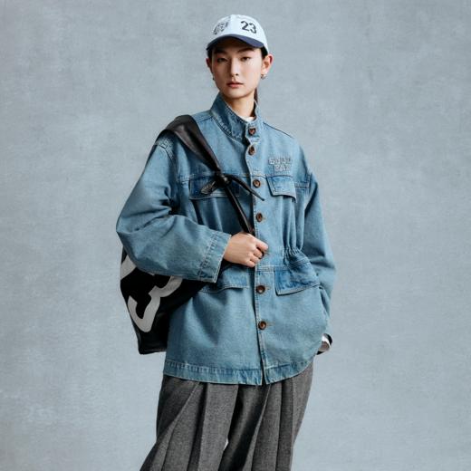 GOODBAI logo多口袋翻领oversize抽绳牛仔外套 商品图0