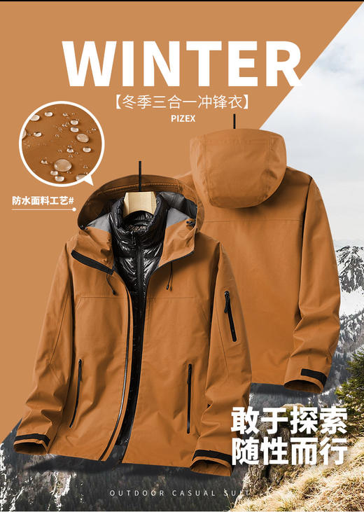 高阶品质 石墨烯发热 聚酰亚胺棉内胆 男士户外三合一可拆卸冲锋衣 保暖两件套棉外套BS23071-T 商品图0