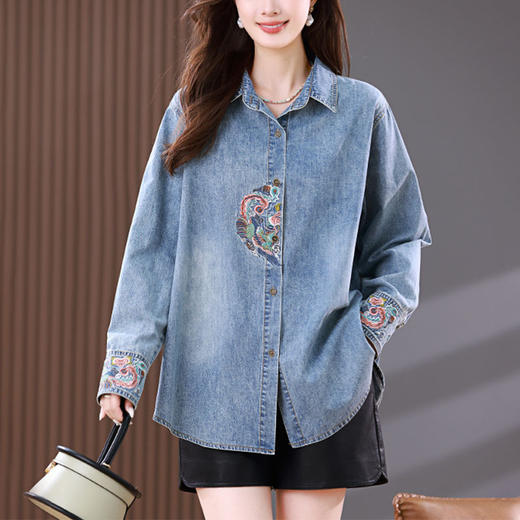 雀说牛仔衬衫外套新款大码宽松时尚衬衣薄款国风刺绣上衣潮AL1622 商品图0