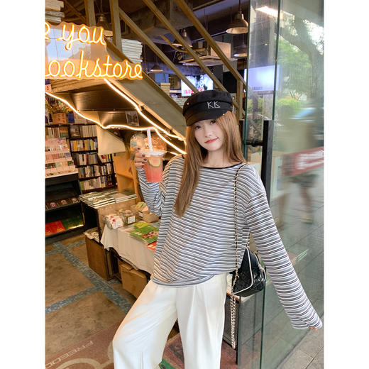 <曾小咸推荐>韩系长袖圆领条纹长袖T恤，黑杏条纹限时券后价63.29！【预售款，预计3-15天】 商品图13