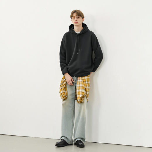 714street日系休闲简约加绒连帽卫衣男2025秋冬新款情侣落肩帽衫 商品图3