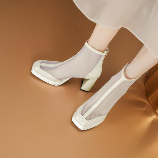 【预售5天】真皮粗跟网纱透气女士凉靴春秋新款高跟鞋网靴女英伦风凉鞋DS&1356-6 商品图3