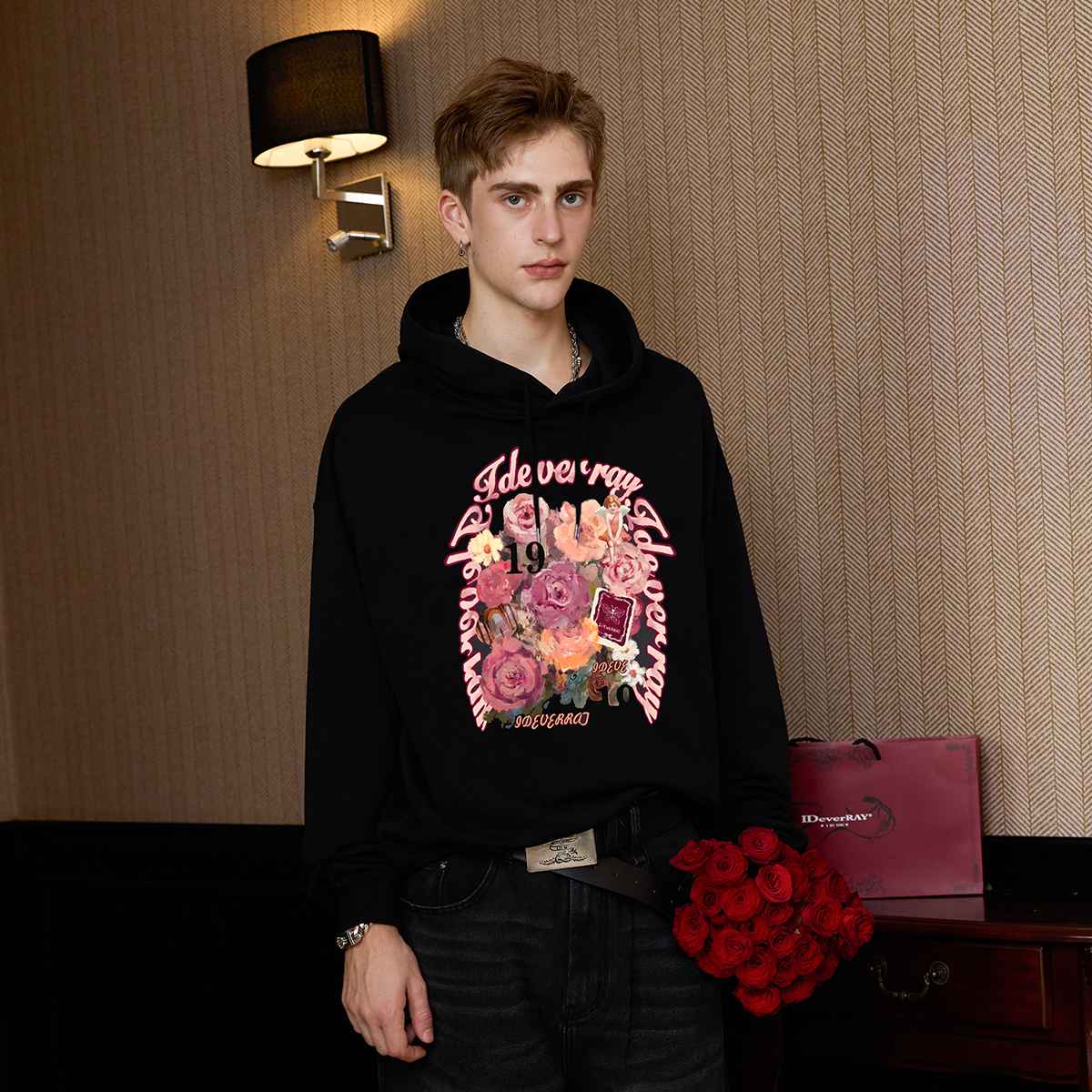 IDEVERRAY毛圈薄款玫瑰油画风卫衣美式街头宽松帽衫男女春秋季