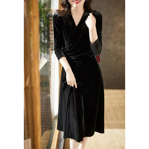 丁摩 黑色金丝绒连衣裙女春秋冬法式收腰高端时尚气质长袖打底裙5ZF-0819 商品图1