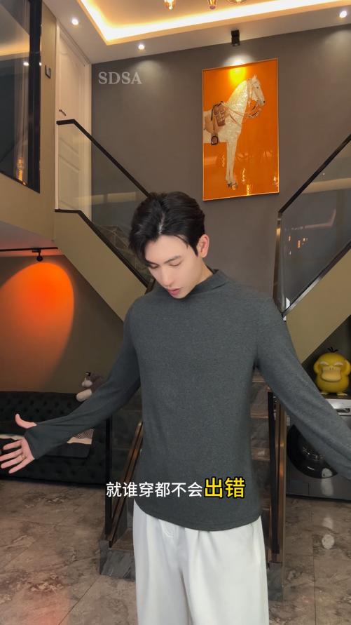 SDSA男士秋冬新款痞帅男装纯色针织半高领交叉设计长袖T恤百搭潮 商品图0