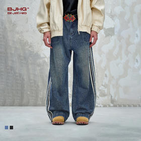 BJHG不计后果复古牛仔裤男女款秋季做旧水洗织带设计感运动牛仔裤
