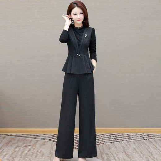 QYM 1125X02-Y气质时尚套装时尚修身拼接上衣+裤子两件套 商品图0