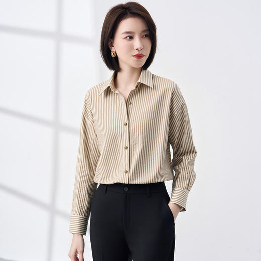罗蒙秋冬厚款竖条纹长袖衬衫女士休闲百搭落肩宽松版磨毛棉质衬衣女上衣开衫 商品图4